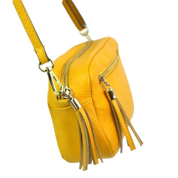 ITALY YELLOW GENUINE LEATHER TASSELS ZIP TOP X-BODY SHOULDER BAG CLUTCH HANDBAG - Picture 3 of 16